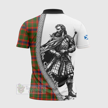 Kinninmont Tartan Clan Crest Zipper Polo Shirt with Highlander Warrior Celtic Style - Tartan Vibes Clothing