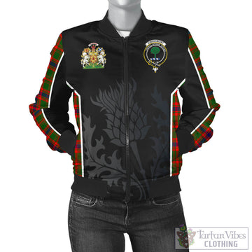 Tartan Vibes Clothing Kinninmont Tartan Bomber Jacket with Family Crest and Scottish Thistle Vibes Sport Style