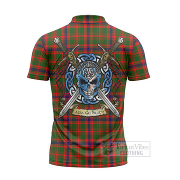 Kinninmont Tartan Zipper Polo Shirt with Family Crest Celtic Skull Style - Tartan Vibes Clothing