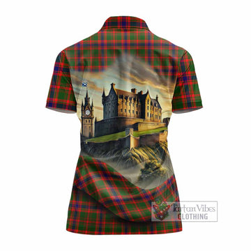 Kinninmont Tartan Family Crest Women's Polo Shirt with Scottish Ancient Castle Style - Tartan Vibes Clothing