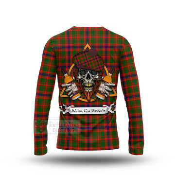 Kinninmont Tartan Long Sleeve T-Shirt with Family Crest and Bearded Skull Holding Bottles of Whiskey - Tartan Vibes Clothing