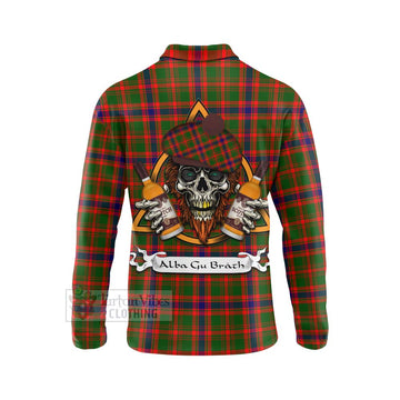 Kinninmont Tartan Long Sleeve Polo Shirt with Family Crest and Bearded Skull Holding Bottles of Whiskey - Tartan Vibes Clothing
