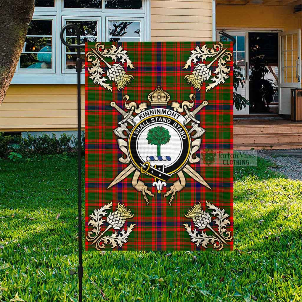 Tartan Vibes Clothing Kinninmont Tartan Flag with Family Crest and Golden Thistle Crossed Sword Design