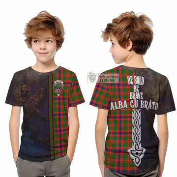 Kinninmont Tartan Family Crest Kid T-Shirt Alba Gu Brath Be Brave Lion Ancient Style - Tartan Vibes Clothing