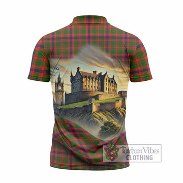 Kinninmont Tartan Family Crest Zipper Polo Shirt with Scottish Ancient Castle Style - Tartan Vibes Clothing