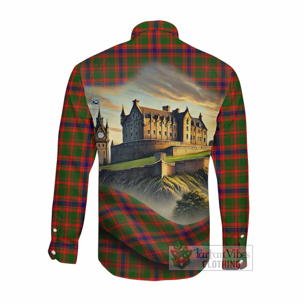 Tartan Vibes Clothing Kinninmont Tartan Family Crest Long Sleeve Button Shirt with Scottish Ancient Castle Style