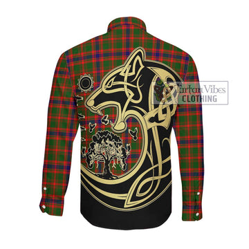Kinninmont Tartan Long Sleeve Button Shirt with Family Crest Celtic Wolf Style Men's Shirt - Tartan Vibes Clothing