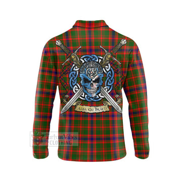 Kinninmont Tartan Long Sleeve Polo Shirt with Family Crest Celtic Skull Style - Tartan Vibes Clothing