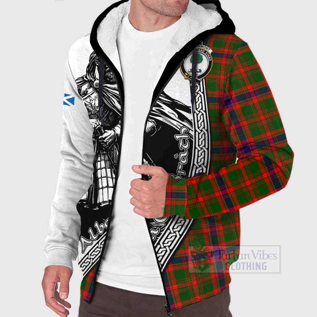 Kinninmont Tartan Clan Crest Sherpa Hoodie with Highlander Warrior Celtic Style Unisex - Tartan Vibes Clothing