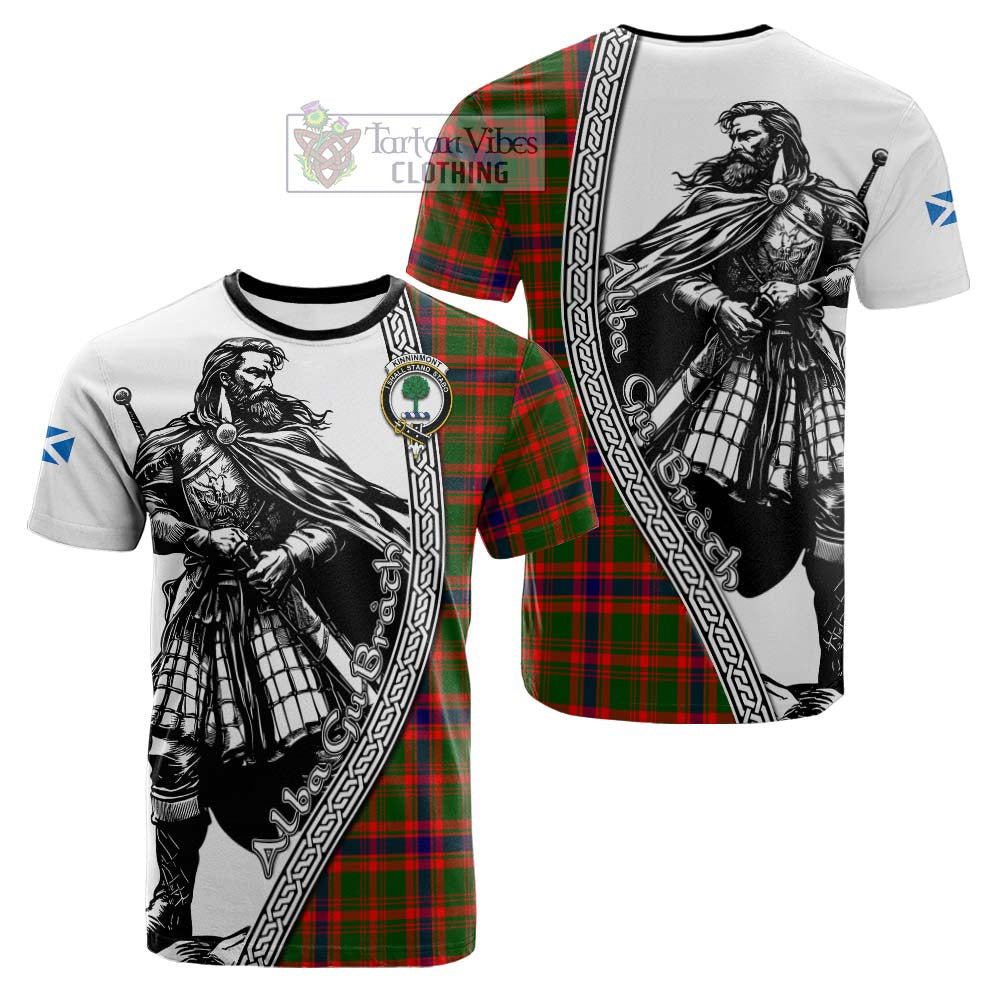 Kinninmont Tartan Clan Crest Cotton T-shirt with Highlander Warrior Celtic Style - Tartan Vibes Clothing