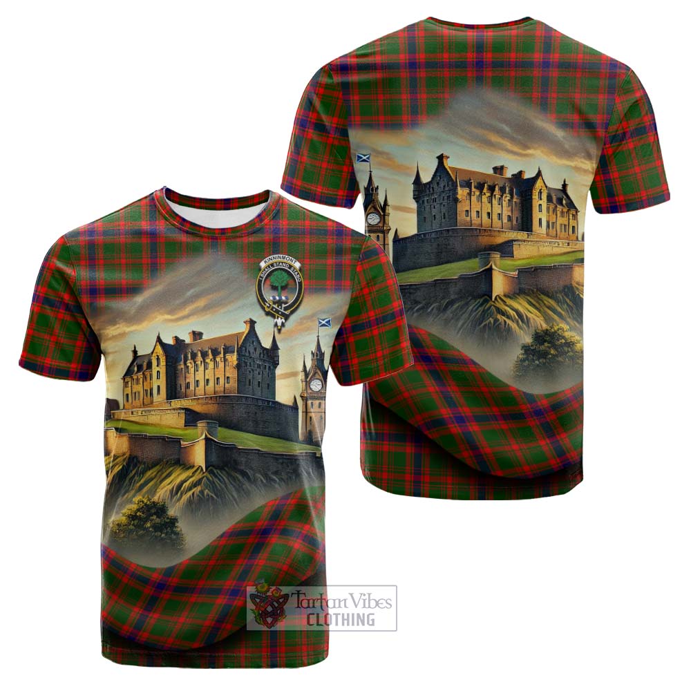 Kinninmont Tartan Family Crest Cotton T-shirt with Scottish Ancient Castle Style - Tartan Vibes Clothing