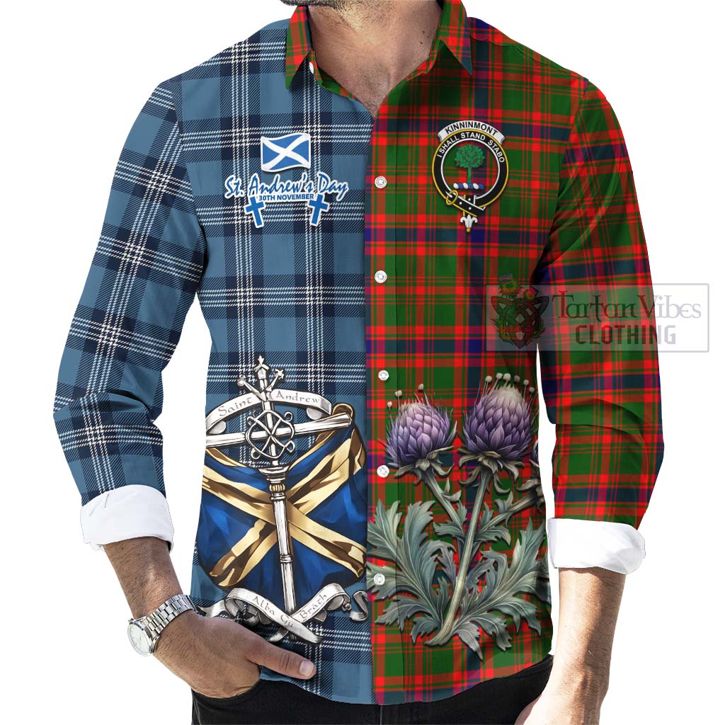 Kinninmont Tartan Long Sleeve Button Shirt Happy St. Andrew's Day Half Tartan Style - Tartan Vibes Clothing