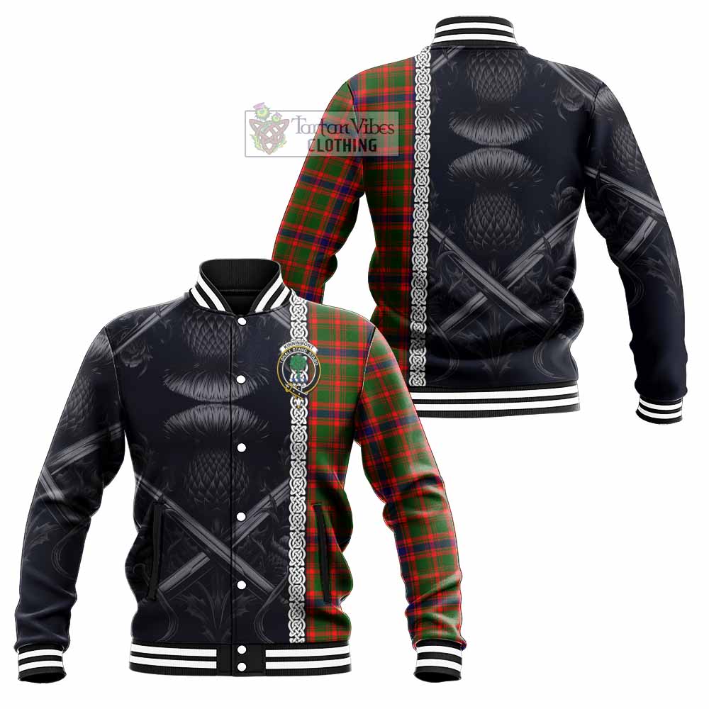 Kinninmont Tartan Baseball Jacket with Family Crest Cross Sword Thistle Celtic Vibes - Tartan Vibes Clothing