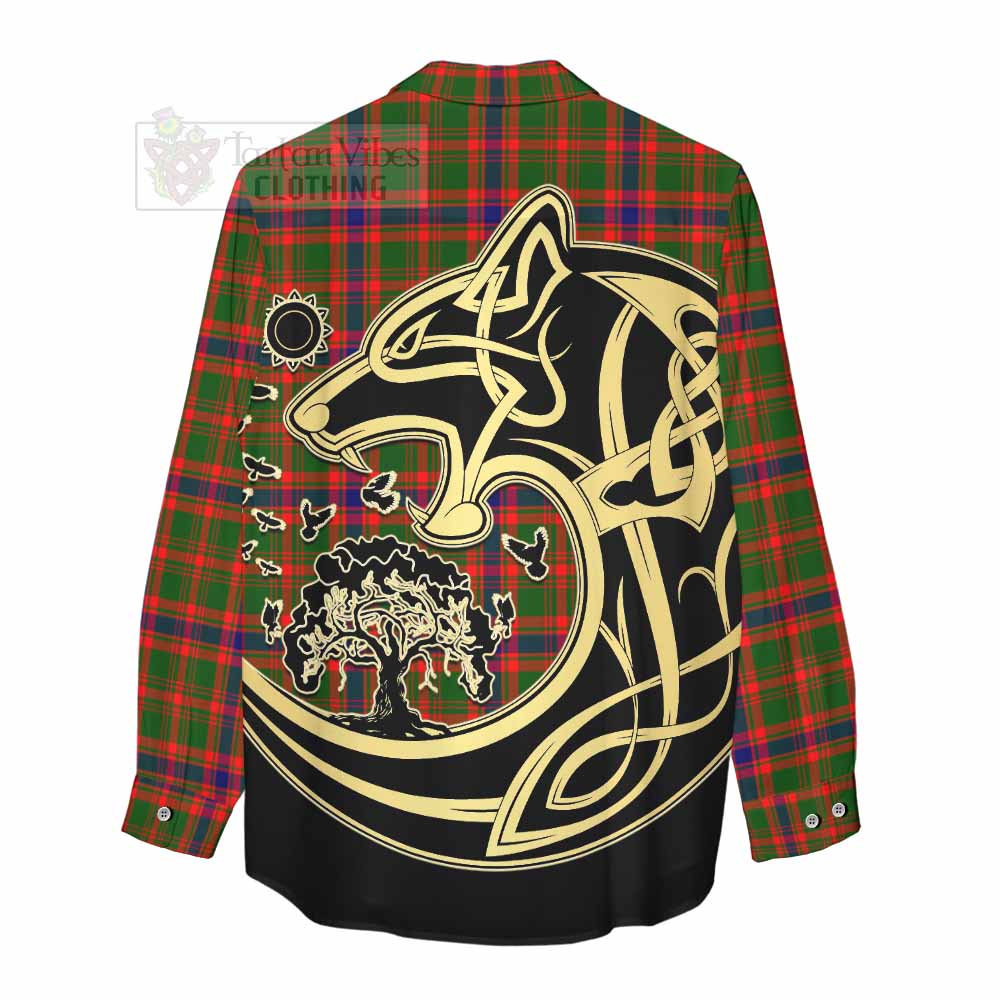 Kinninmont Tartan Women's Casual Shirt with Family Crest Celtic Wolf Style - Tartan Vibes Clothing