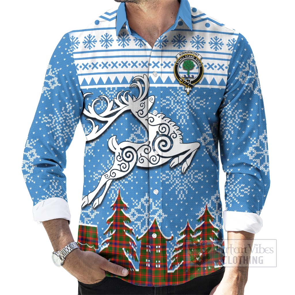 Kinninmont Clan Christmas Long Sleeve Button Shirt Celtic Reindeer Style - Tartan Vibes Clothing
