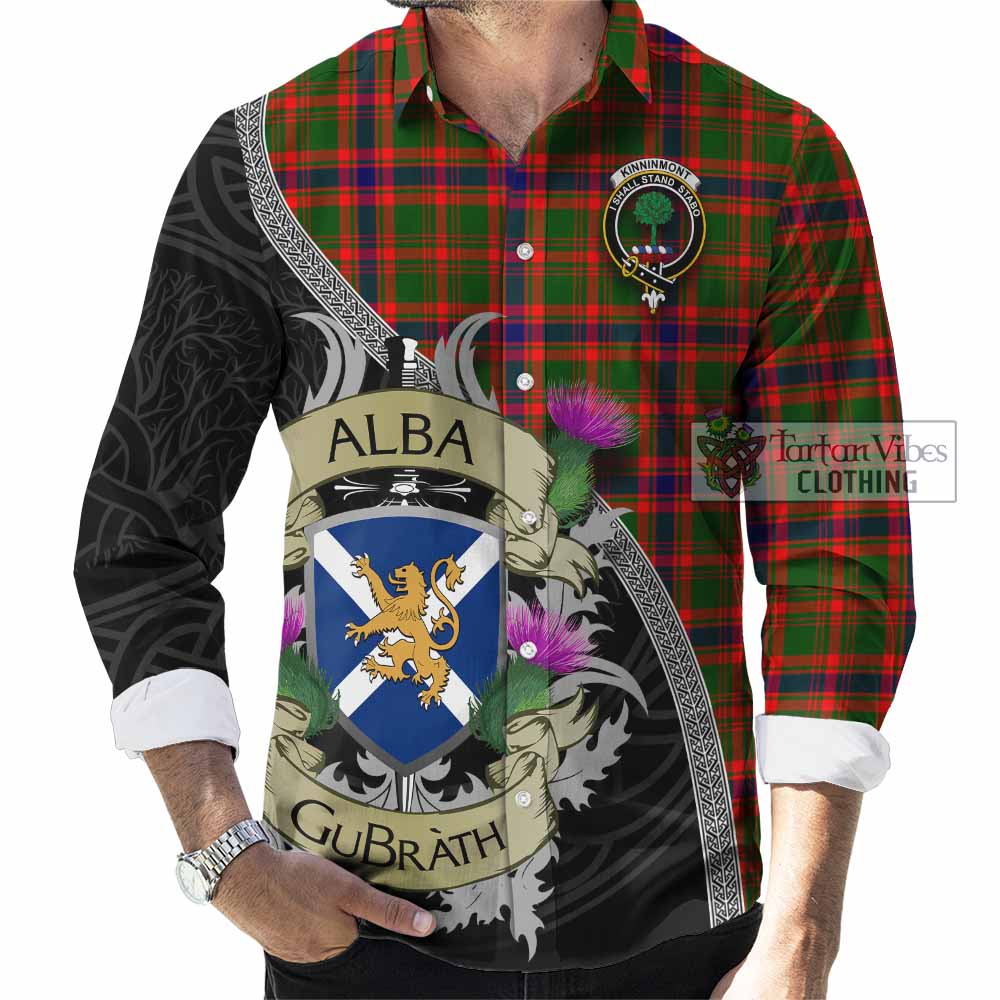 Kinninmont Tartan Family Crest Long Sleeve Button Shirt Lion Rampant Royal Thistle Shield Celtic Inspired - Tartan Vibes Clothing