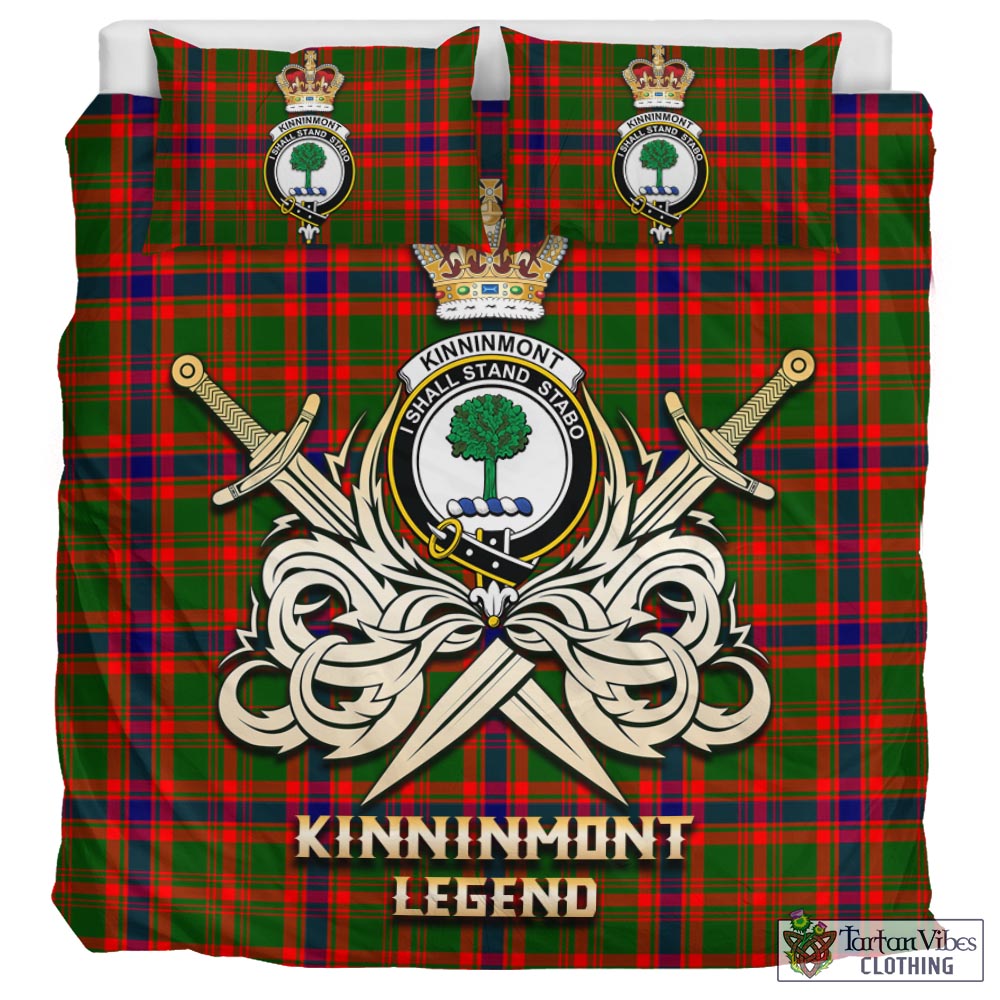 Tartan Vibes Clothing Kinninmont Tartan Bedding Set with Clan Crest and the Golden Sword of Courageous Legacy