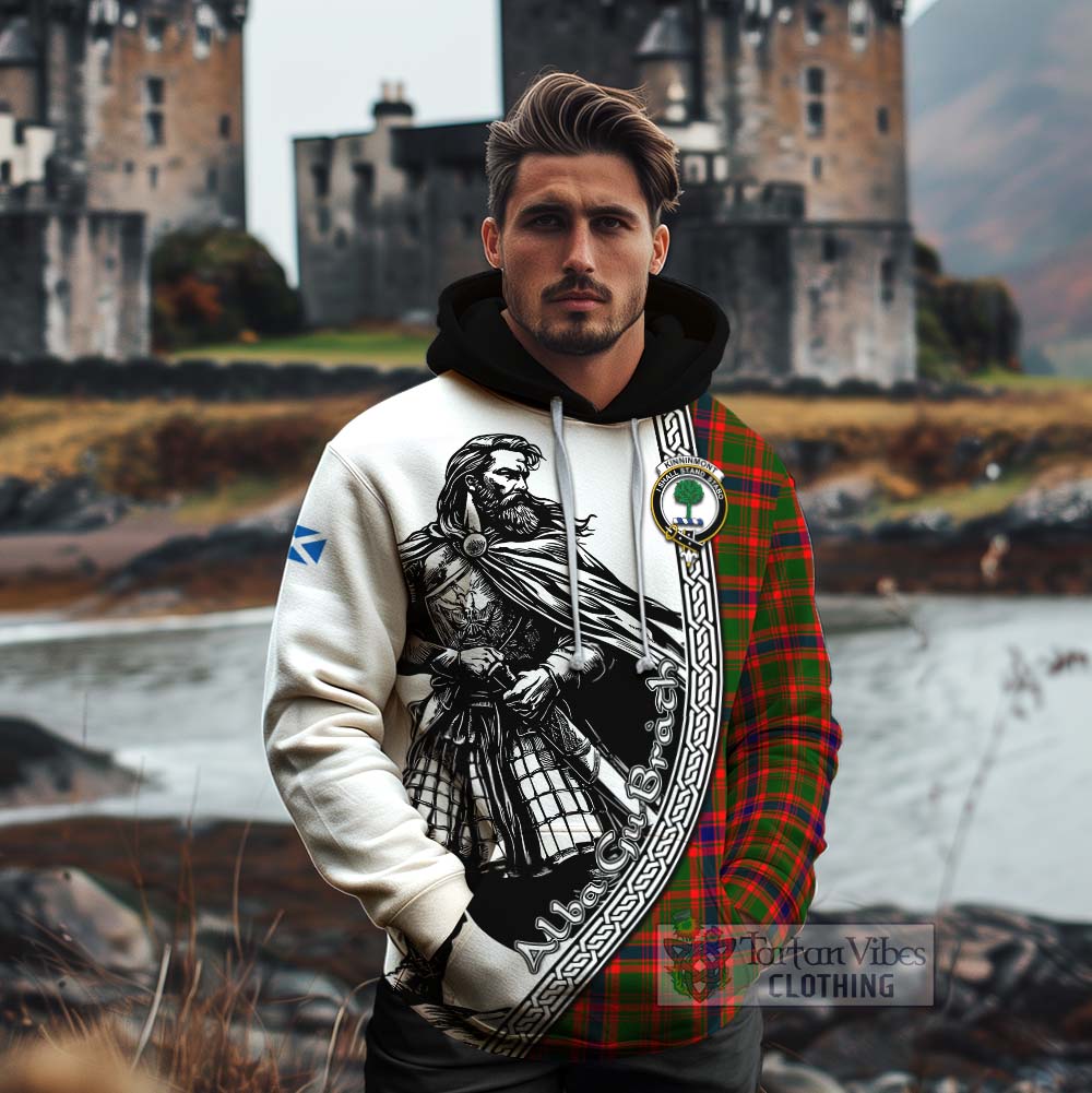Kinninmont Tartan Clan Crest Cotton Hoodie with Highlander Warrior Celtic Style - Tartan Vibes Clothing