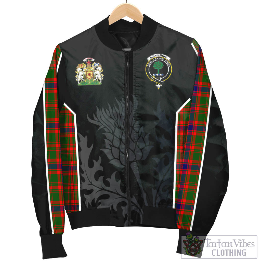 Kinninmont Tartan Bomber Jacket with Family Crest and Scottish Thistle Vibes Sport Style - Tartan Vibes Clothing