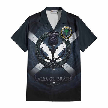 Kinninmont Clan Crest Cotton Hawaiian Shirt with Celtic Knot Thistle and Saltire