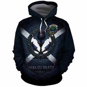 Kinninmont Clan Crest Cotton Hoodie with Celtic Knot Thistle and Saltire
