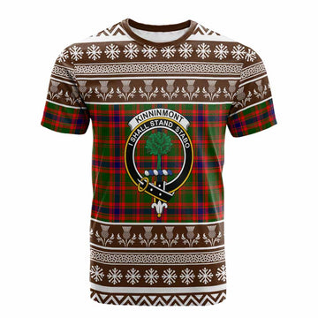 Kinninmont Clan Tartan Christmas Cotton T-shirt with Family Crest