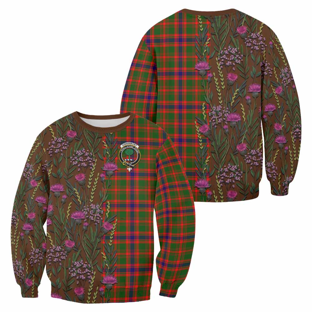 Kinninmont Family Crest Tartan Sweatshirt Scottish Thistle Flower Pattern Half Style - Tartan Vibes Clothing