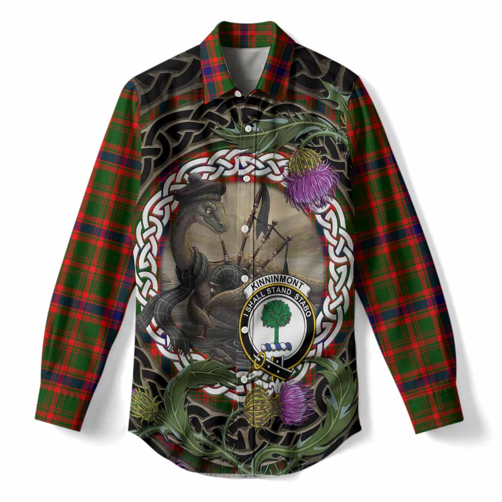 Kinninmont Tartan Crest Bagpipe Nessie Women Casual Shirt Scottish Loch Ness Monster Celtic Thistle
