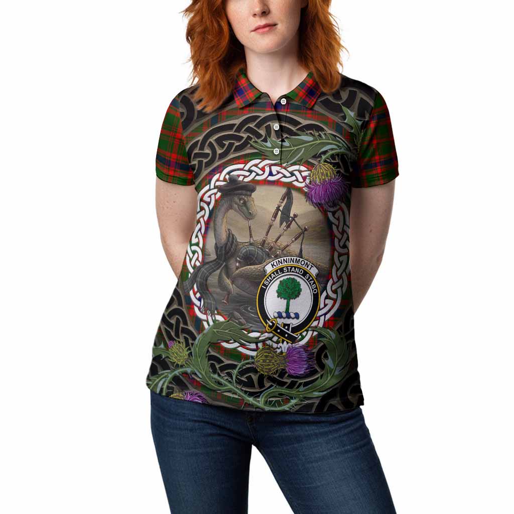Kinninmont Tartan Crest Bagpipe Nessie Women Polo Shirt Scottish Loch Ness Monster Celtic Thistle