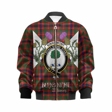 Kinninmont Tartan Family Crest Kid Bomber Jacket Scottish Burns Night Thistle Floral