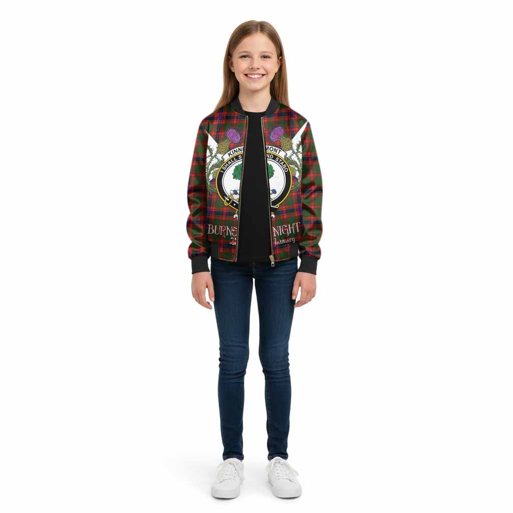 Kinninmont Tartan Family Crest Kid Bomber Jacket Scottish Burns Night Thistle Floral