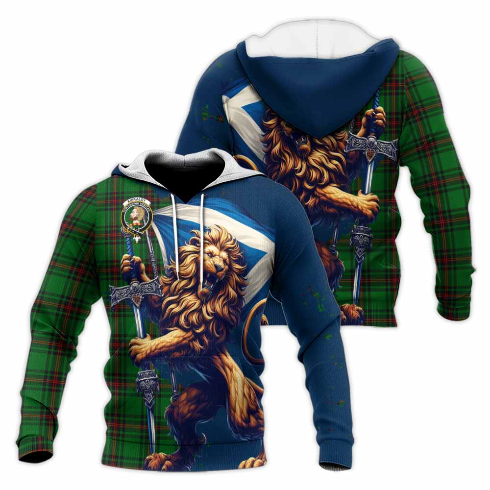 Tartan Vibes Clothing Kirkaldy Tartan Family Crest Knitted Hoodie with Scottish Majestic Lion