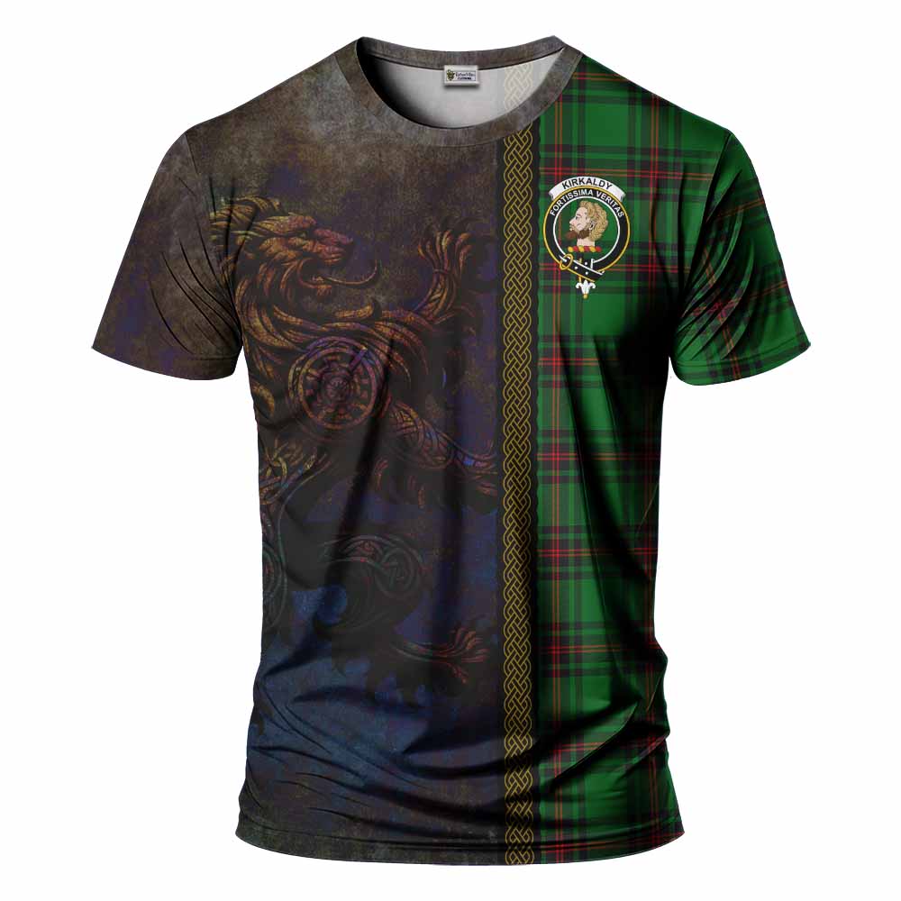 Tartan Vibes Clothing Kirkaldy Tartan Family Crest T-Shirt Alba Gu Brath Be Brave Lion Ancient Style