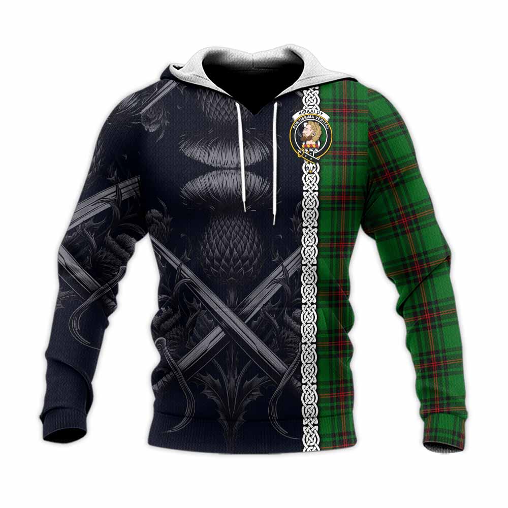 Tartan Vibes Clothing Kirkaldy Tartan Knitted Hoodie with Family Crest Cross Sword Thistle Celtic Vibes