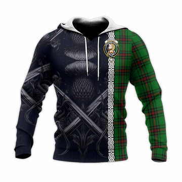 Tartan Vibes Clothing Kirkaldy Tartan Knitted Hoodie with Family Crest Cross Sword Thistle Celtic Vibes