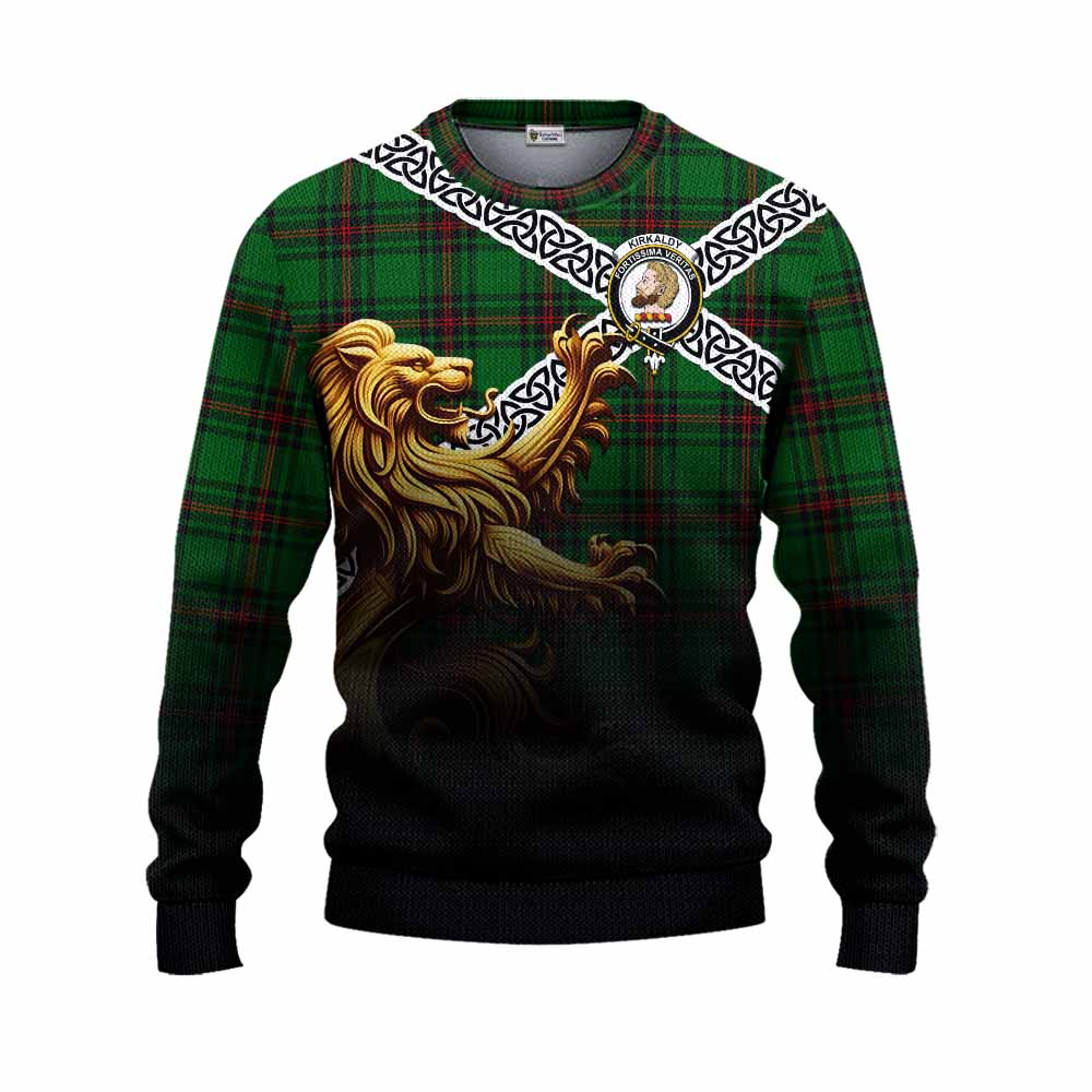 Tartan Vibes Clothing Kirkaldy Crest Tartan Knitted Sweater with Golden Lion Emblem Celtic Style