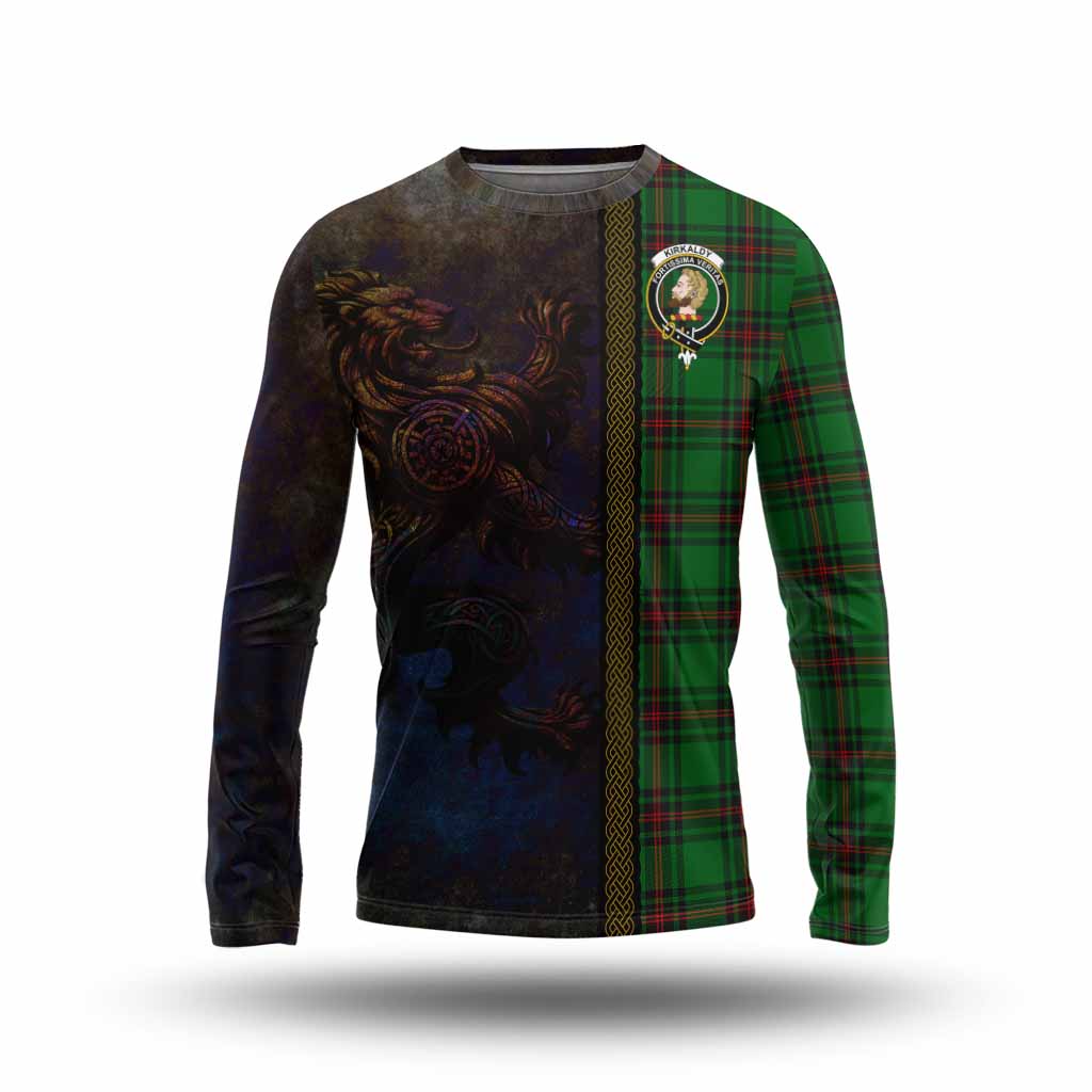 Tartan Vibes Clothing Kirkaldy Tartan Family Crest Long Sleeve T-Shirt Alba Gu Brath Be Brave Lion Ancient Style