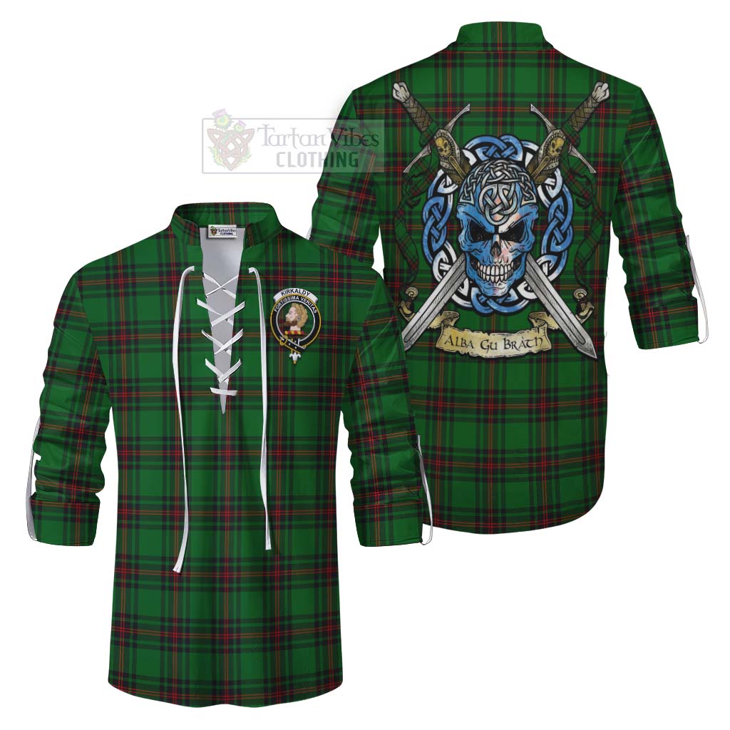 Tartan Vibes Clothing Kirkaldy Tartan Ghillie Kilt Shirt with Family Crest Celtic Skull Style