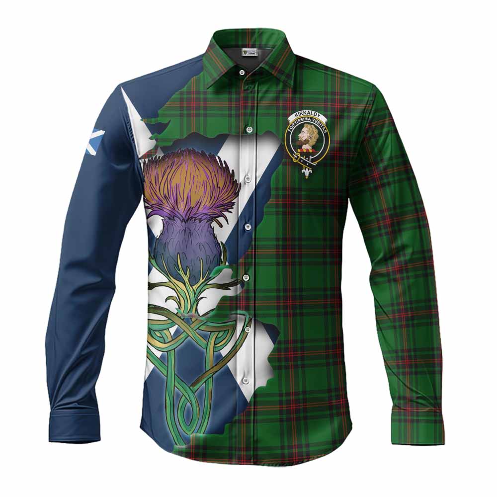 Tartan Vibes Clothing Kirkaldy Tartan Family Crest Long Sleeve Button Shirt Scottish Thistle Celtic Inspired
