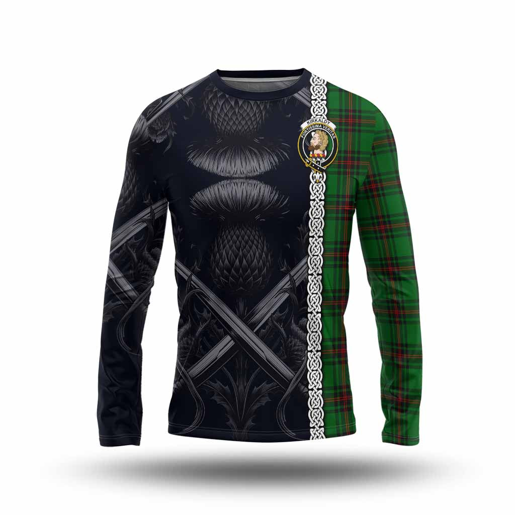 Tartan Vibes Clothing Kirkaldy Tartan Long Sleeve T-Shirt with Family Crest Cross Sword Thistle Celtic Vibes