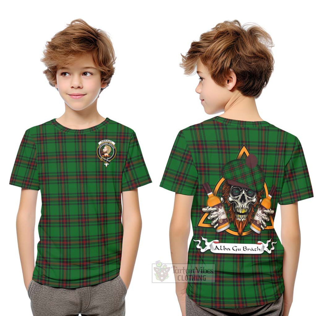Tartan Vibes Clothing Kirkaldy Tartan Kid T-Shirt with Family Crest and Bearded Skull Holding Bottles of Whiskey