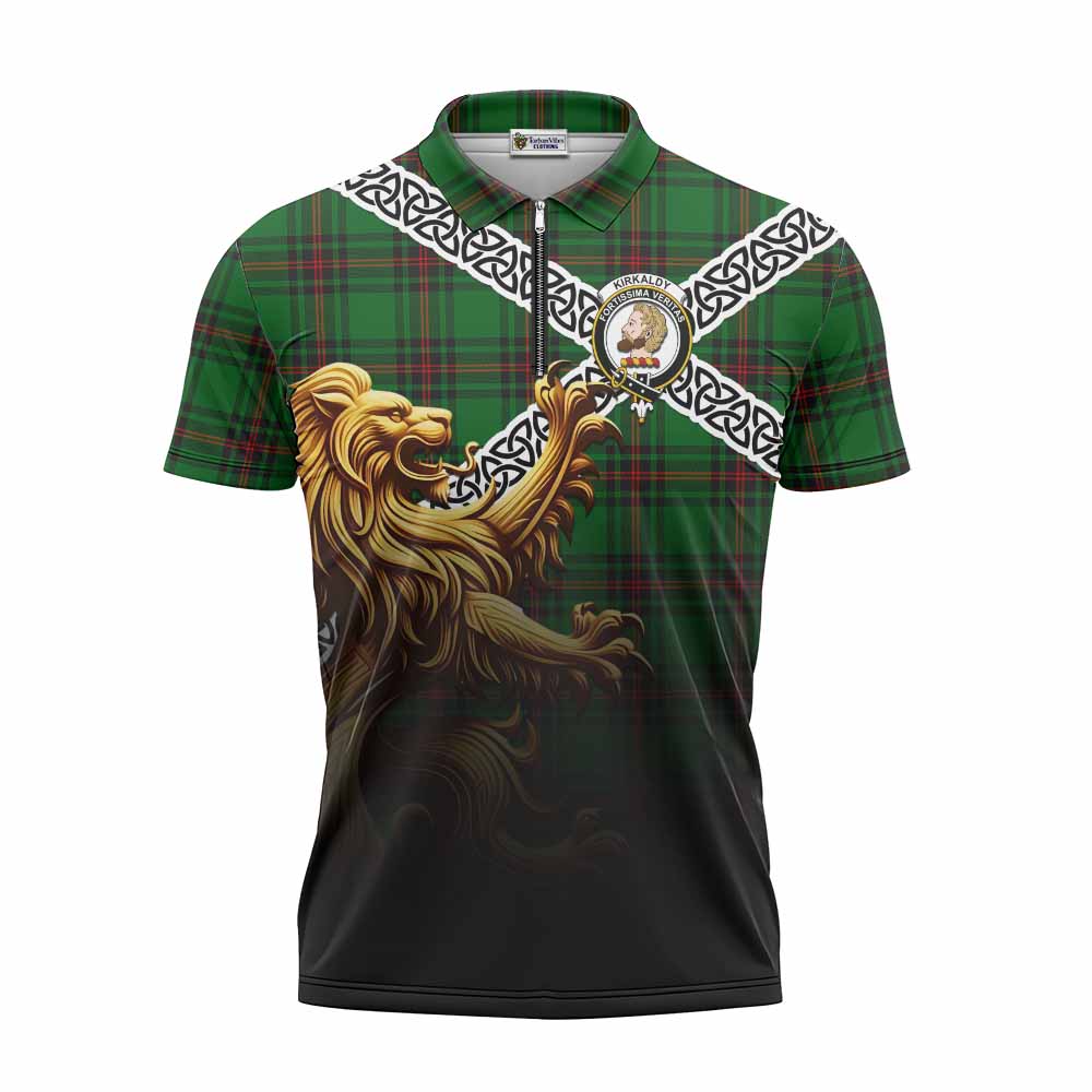 Tartan Vibes Clothing Kirkaldy Crest Tartan Zipper Polo Shirt with Golden Lion Emblem Celtic Style