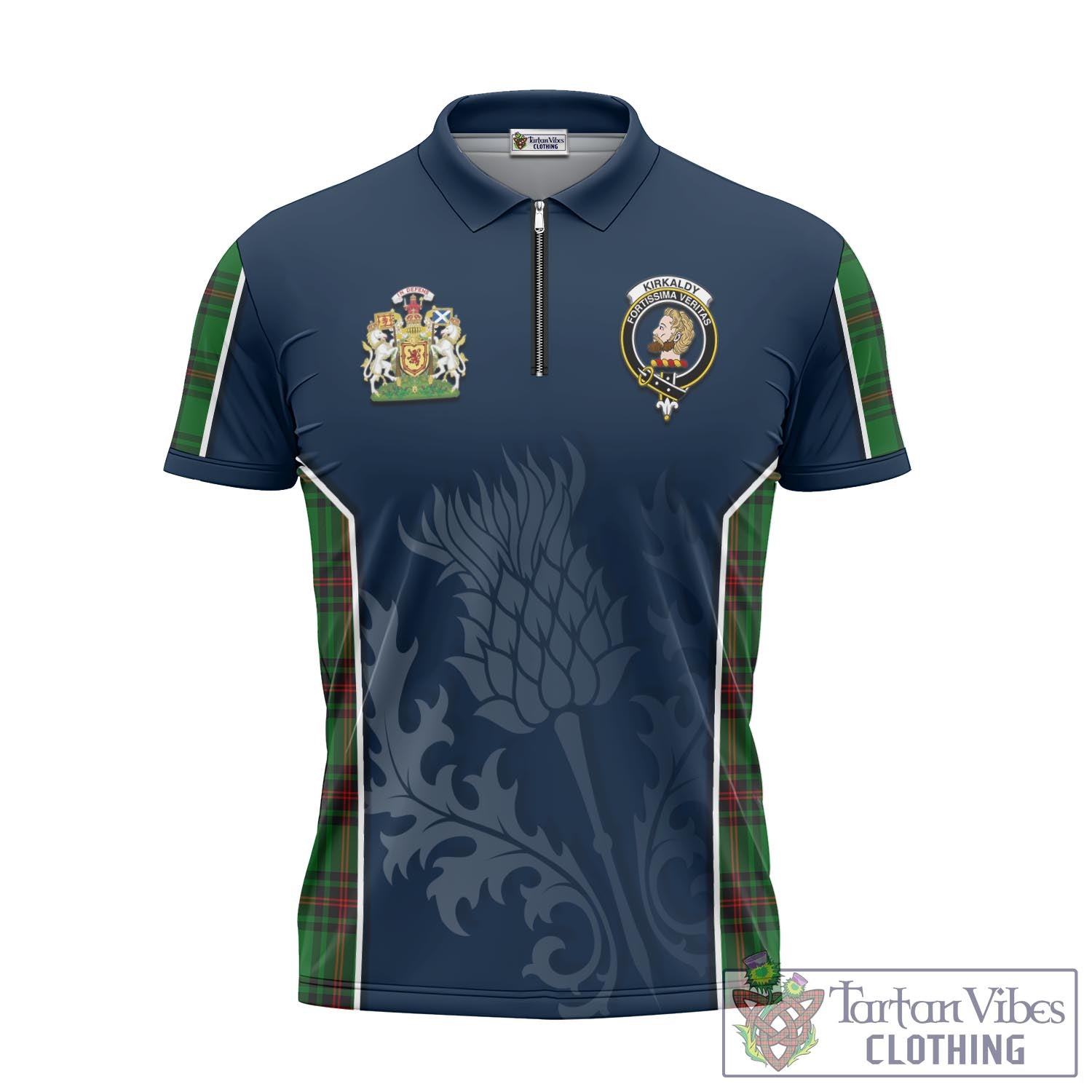 Tartan Vibes Clothing Kirkaldy Tartan Zipper Polo Shirt with Family Crest and Scottish Thistle Vibes Sport Style