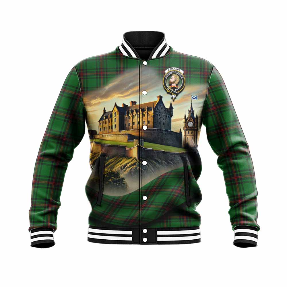 Tartan Vibes Clothing Kirkaldy Tartan Family Crest Baseball Jacket with Scottish Ancient Castle Style