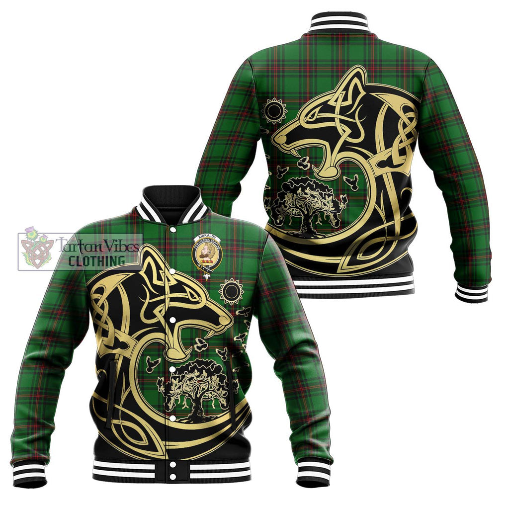 Kirkaldy Tartan Baseball Jacket with Family Crest Celtic Wolf Style Unisex - Tartan Vibes Clothing