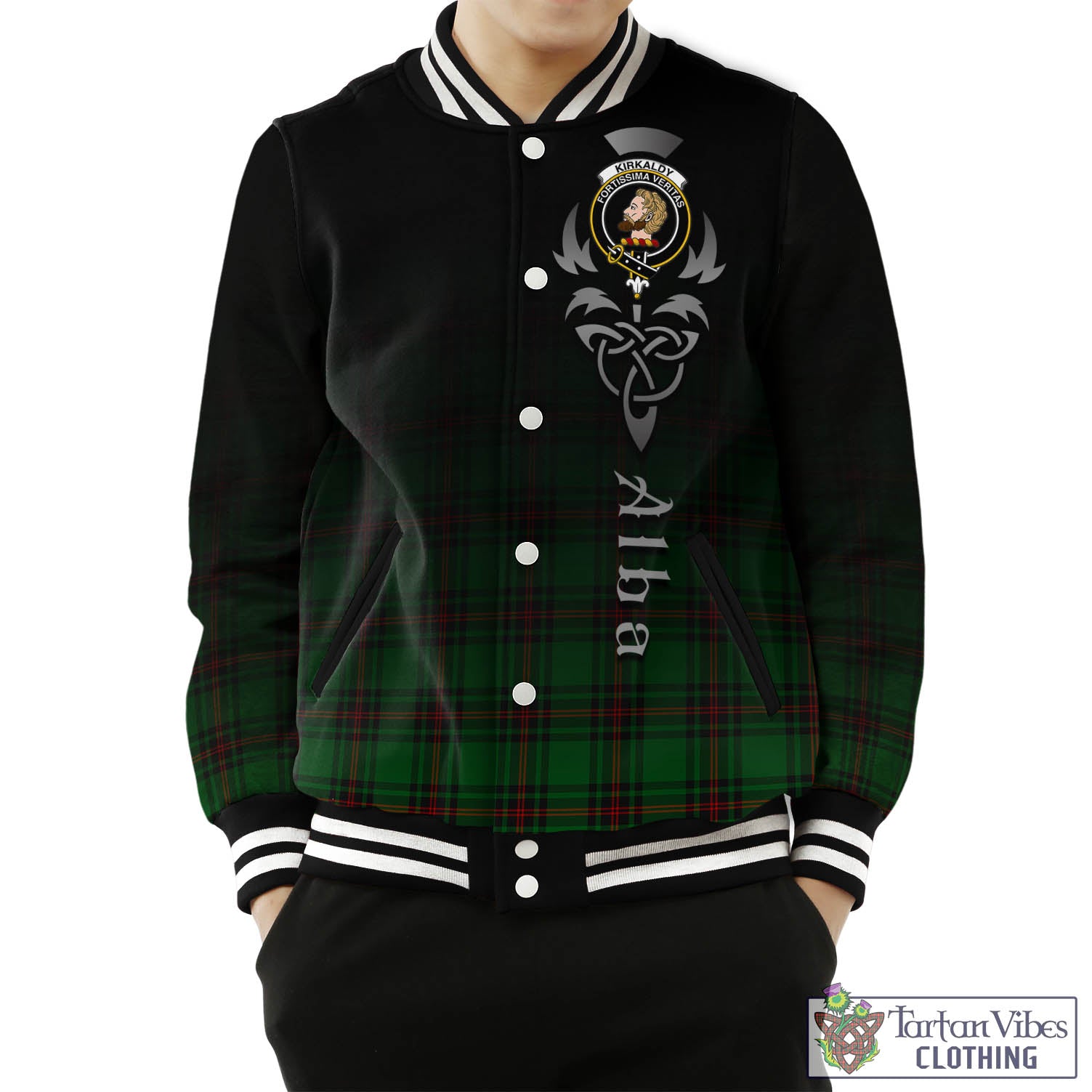 Kirkaldy Tartan Baseball Jacket Featuring Alba Gu Brath Family Crest Celtic Inspired Unisex - Tartan Vibes Clothing