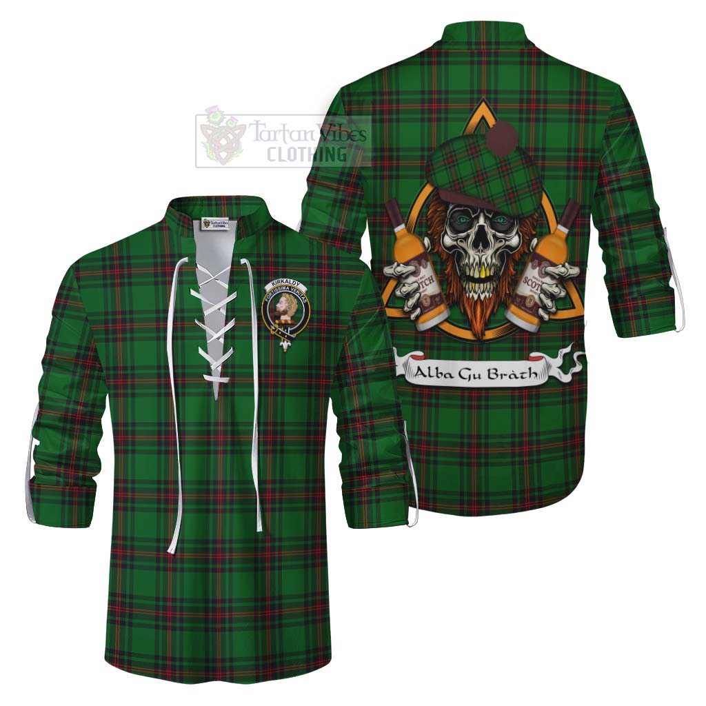 Tartan Vibes Clothing Kirkaldy Tartan Ghillie Kilt Shirt with Family Crest and Bearded Skull Holding Bottles of Whiskey