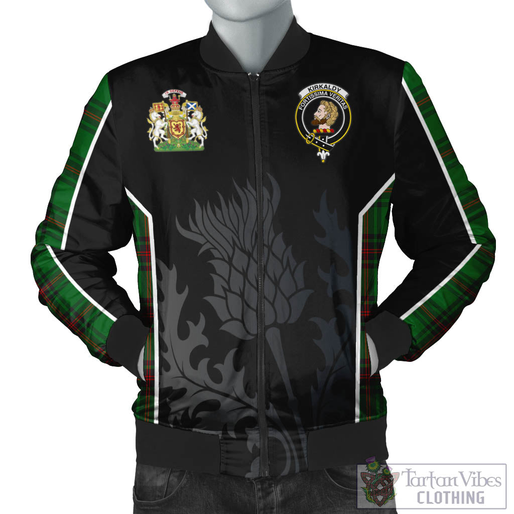 Tartan Vibes Clothing Kirkaldy Tartan Bomber Jacket with Family Crest and Scottish Thistle Vibes Sport Style