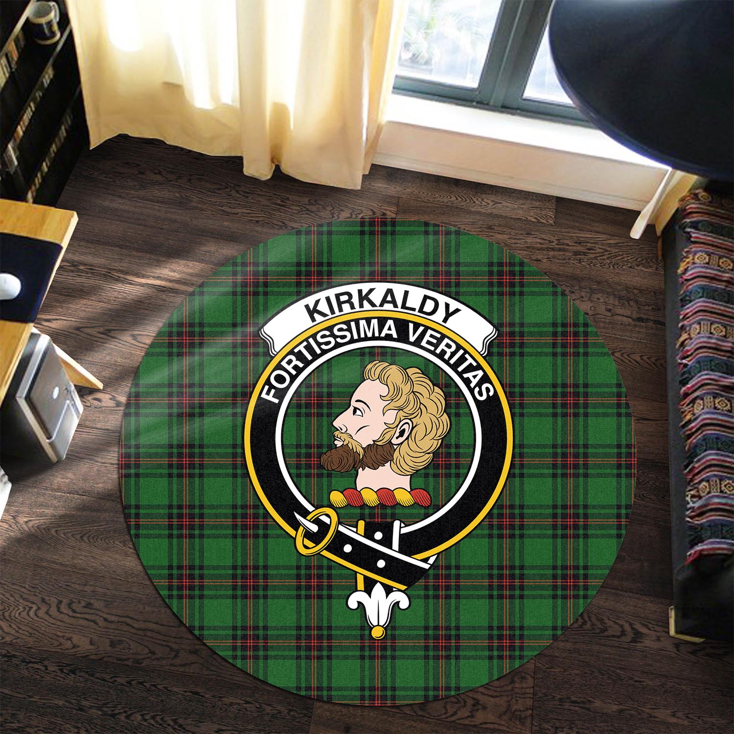 kirkaldy-tartan-round-rug-with-family-crest