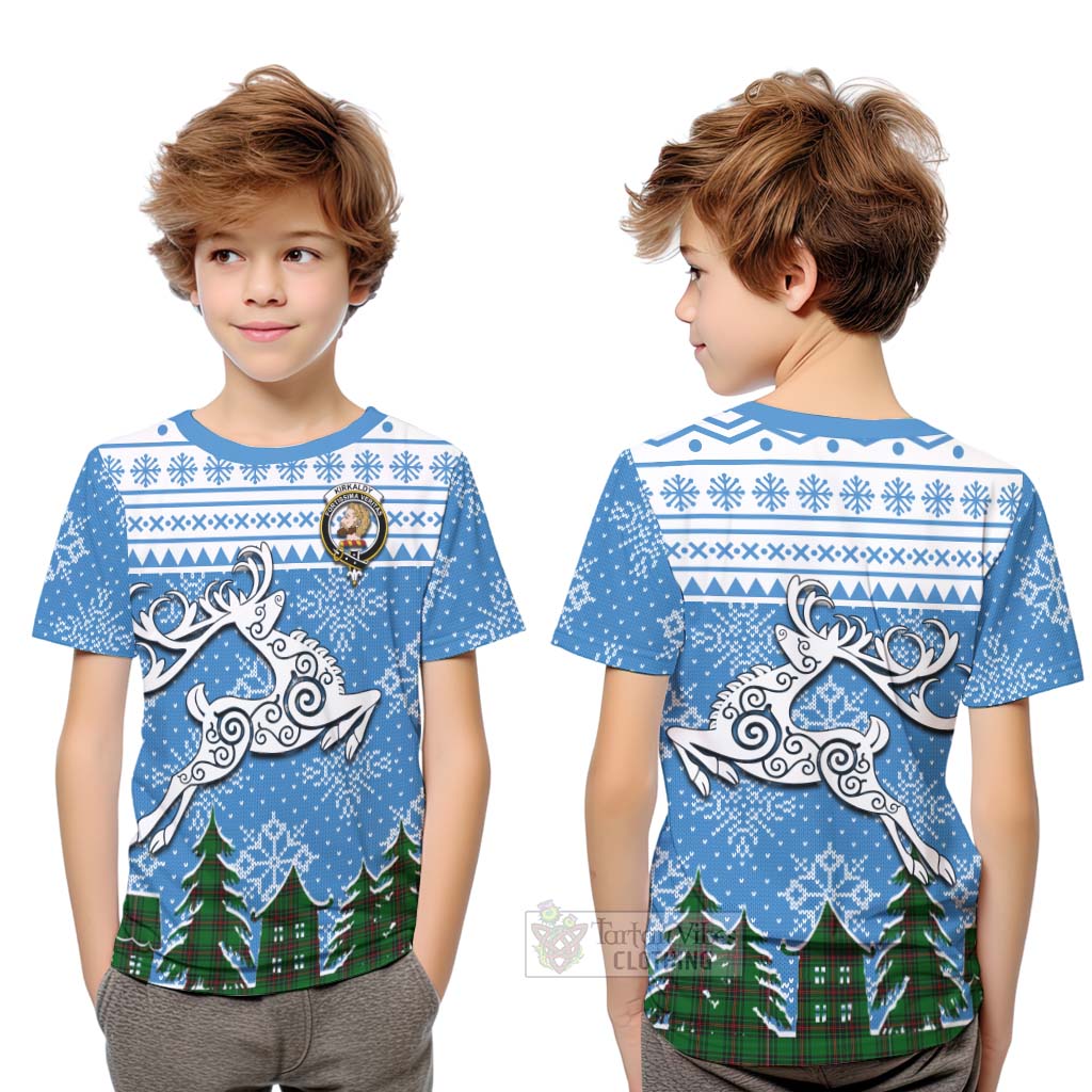 Tartan Vibes Clothing Kirkaldy Clan Christmas Kid T-Shirt Celtic Reindeer Style